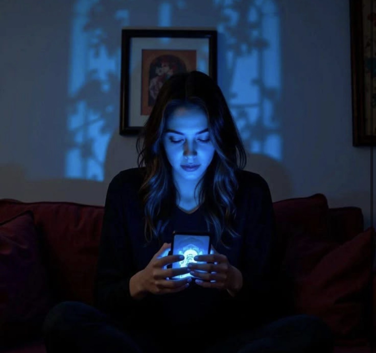Mujer mirando el celular de noche, con la cara iluminada de luz azul